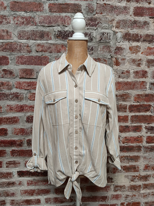 Beige and Blue Striped Button Up Top